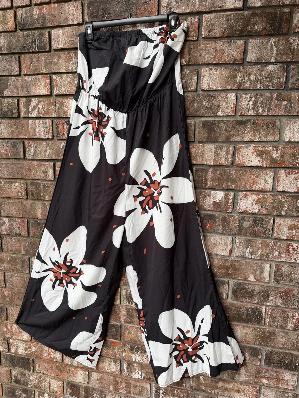 Strapless Floral Wide-Leg Jumpsuit Pants — Black with White & Rust Floral Print - Picture 1 of 4